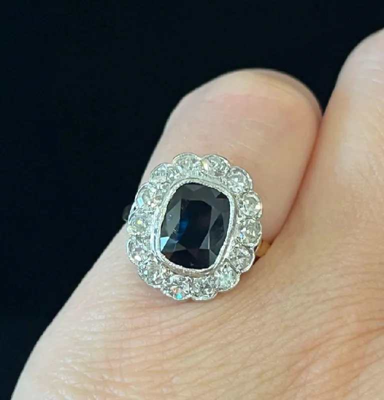 1920s Cushion Cut Sapphire and Diamond Cluster Ring