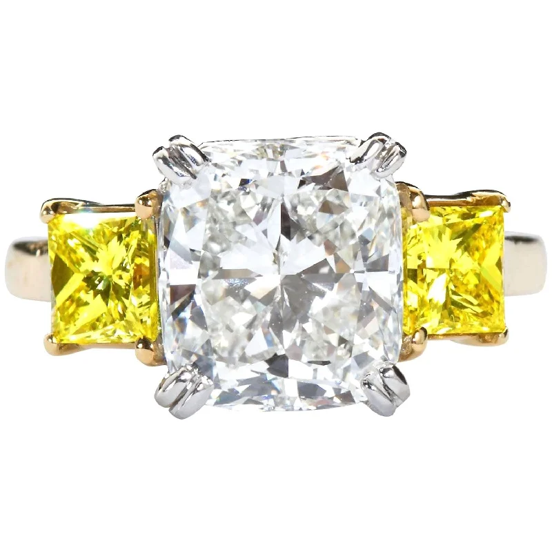 3.55 Carat Cushion Cut Diamond and Fancy Intense Yellow Princess Sides Ring GIA