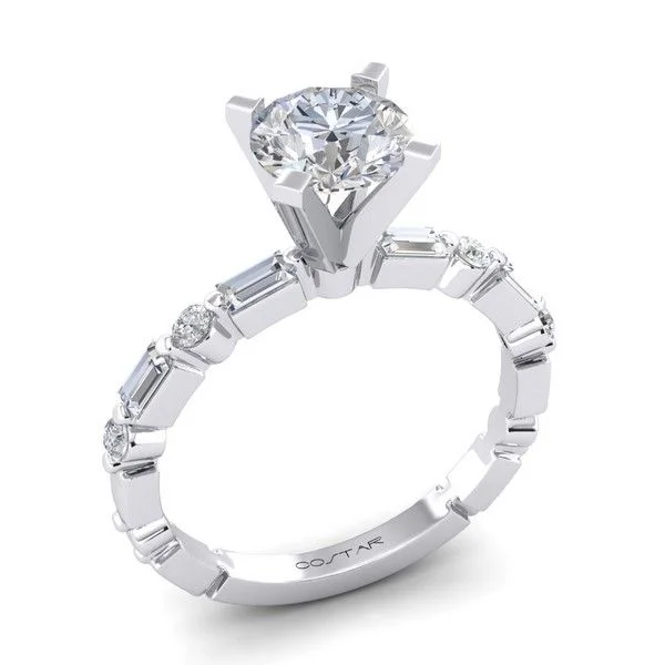 Alternating Baguette & Round Diamond Engagement Ring