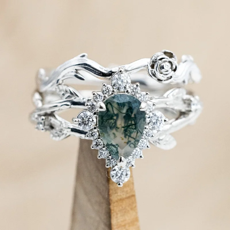 "ARTEMIS ON THE VINE DIVINE" - PEAR CUT MOSS AGATE ENGAGEMENT RING WITH DIAMOND ACCENTS & A "BRIAR" TRACER