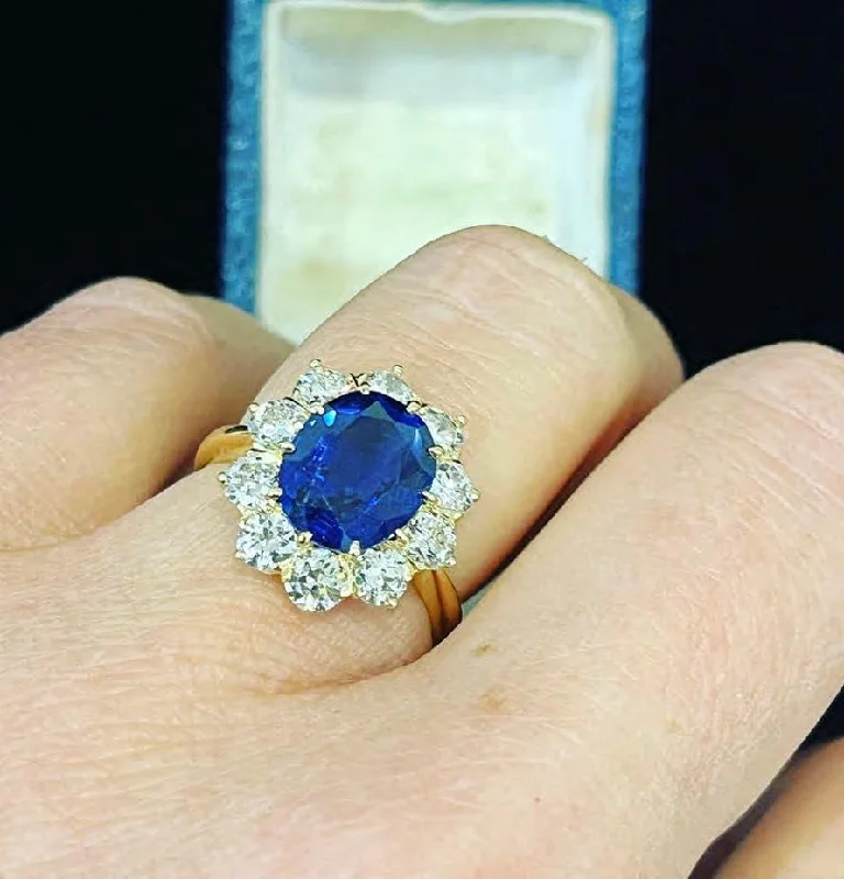 Ceylon Sapphire and Diamond Oval Cluster Ring