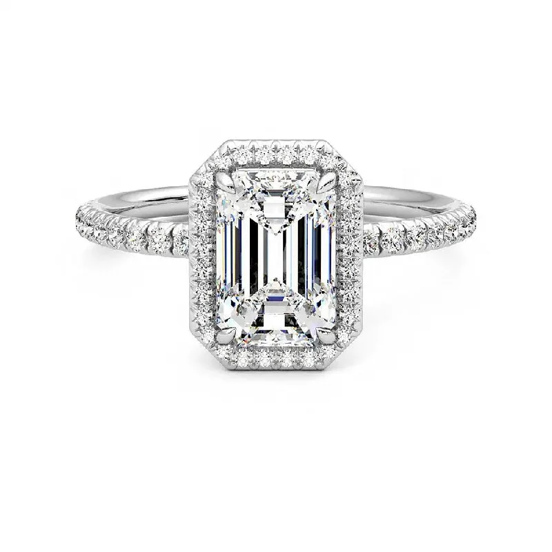 Classic Halo Emerald Cut Moissanite Engagement Ring with Hidden Anniversary Stone Accent