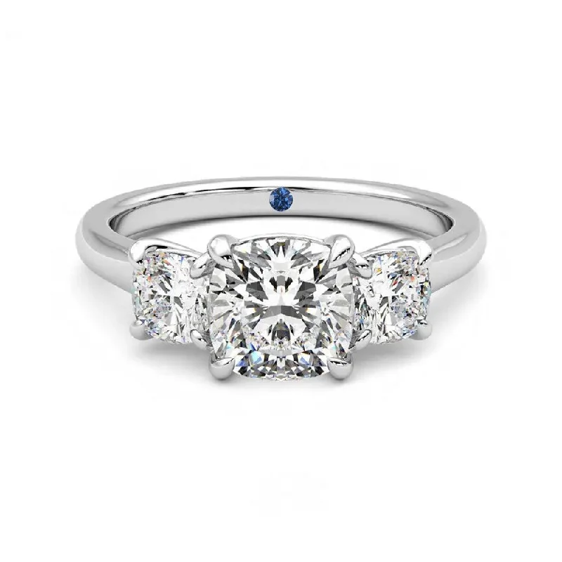 Four Prong Three Stone Cushion Cut Moissanite Engagement Ring with Hidden Anniversary Stone Accent