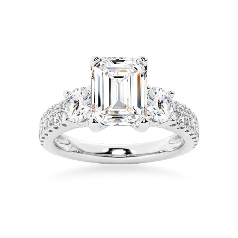 Double Row Pave Three Stone Emerald Cut Engagement Ring