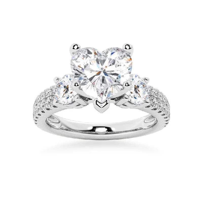 Double Row Pave Three Stone Heart Shaped Engagement Ring