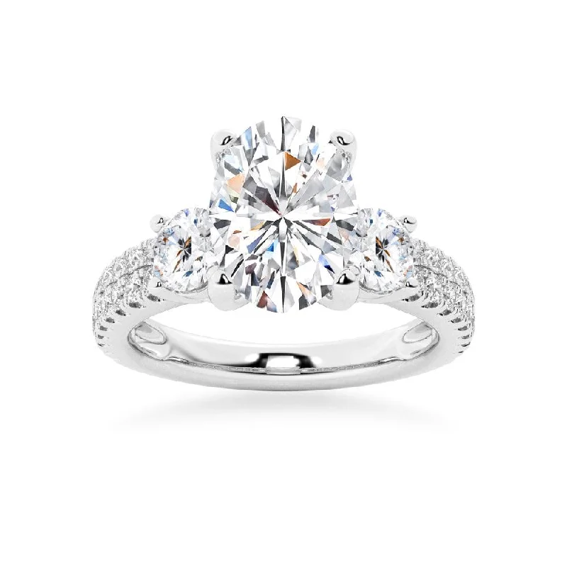 Double Row Pave Three Stone Oval Cut Engagement Ring