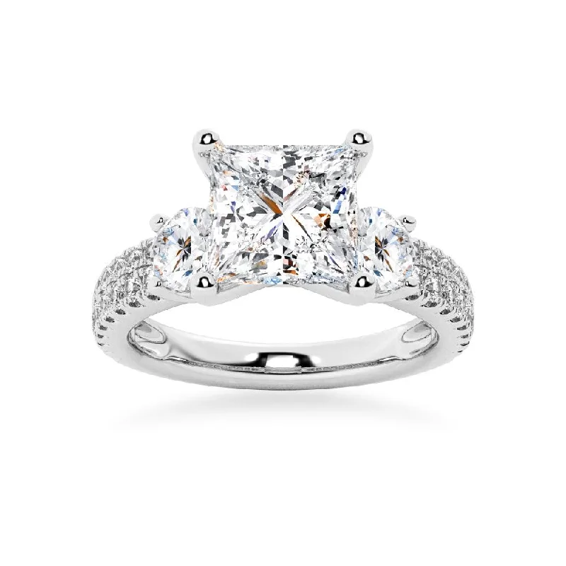 Double Row Pave Three Stone Princess Cut Engagement Ring