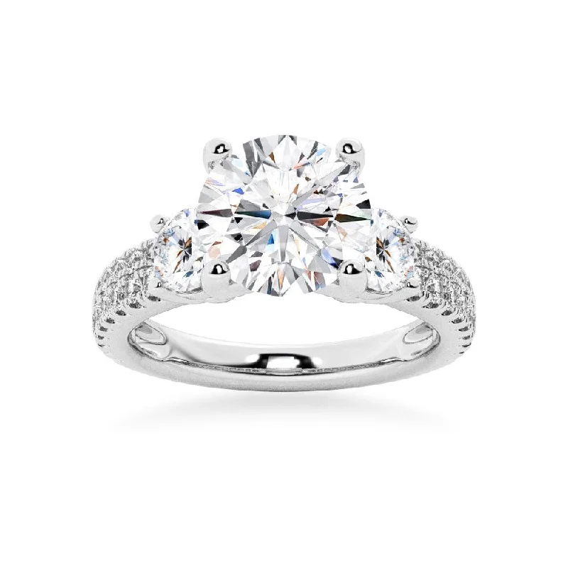 Double Row Pave Three Stone Round Cut Engagement Ring