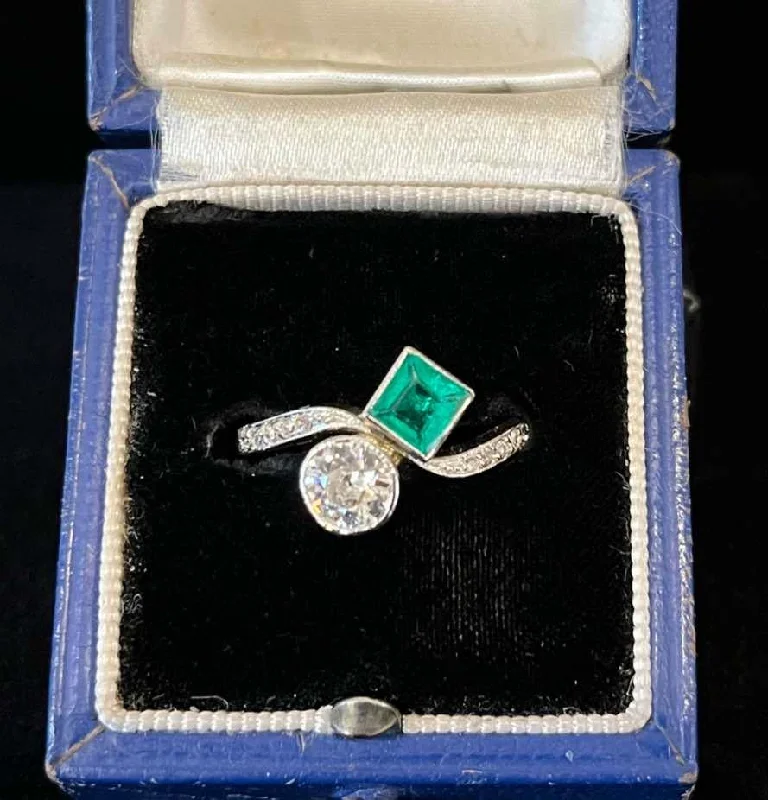 Edwardian Square Cut Emerald and Diamond Crossover Ring