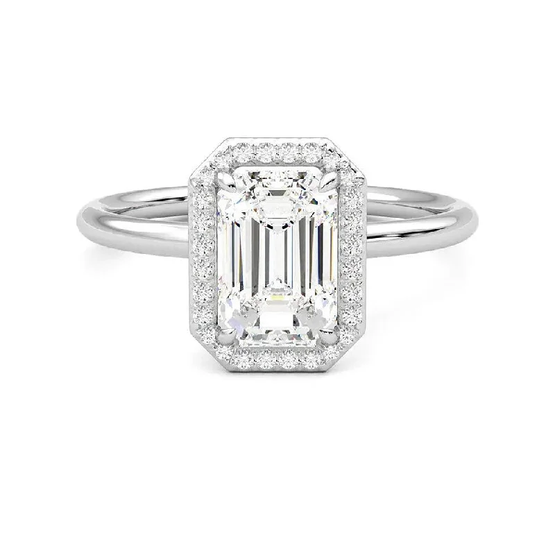 Emerald Cut Halo Moissanite Engagement Ring with Hidden Anniversary Stone Accent