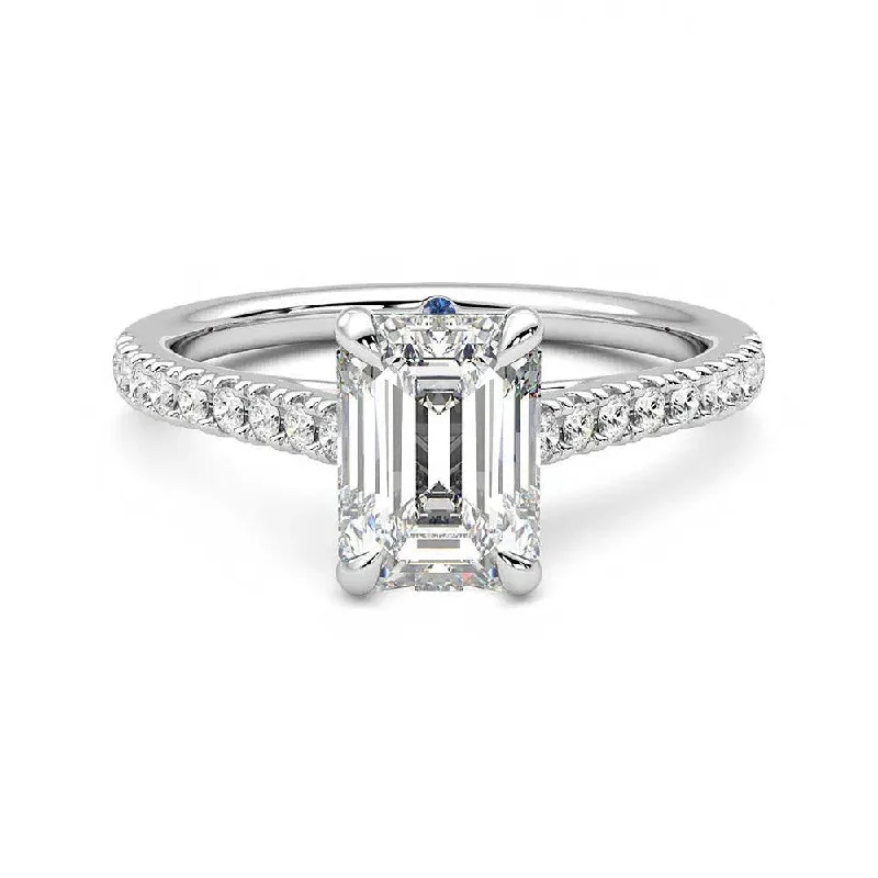 Emerald Cut Moissanite Engagement Ring with Hidden Anniversary Stone and Pavé Accents