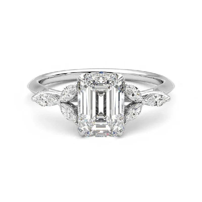 Emerald Cut Moissanite Engagement Ring with Marquise Petals and Hidden Anniversary Stone Accent