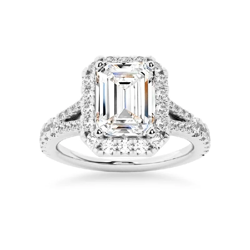 Emerald Cut Split-Shank Halo Engagement Ring