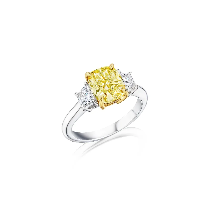 Fink's Exclusive Fancy Yellow Cushion Diamond Engagement Ring with Trapezoid Side Diamonds