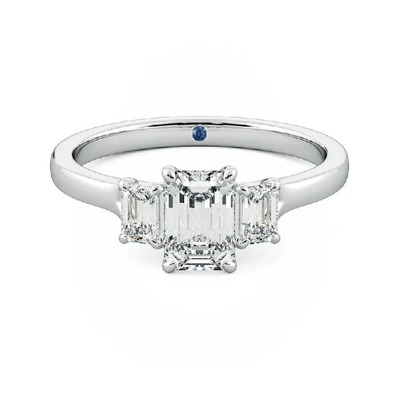 Four Prong Three Stone Emerald Cut Moissanite Engagement Ring with Hidden Anniversary Stone Accent