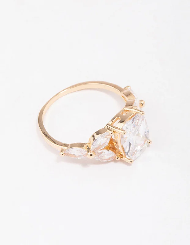 Gold Elegant Floral Cubic Zirconia Ring