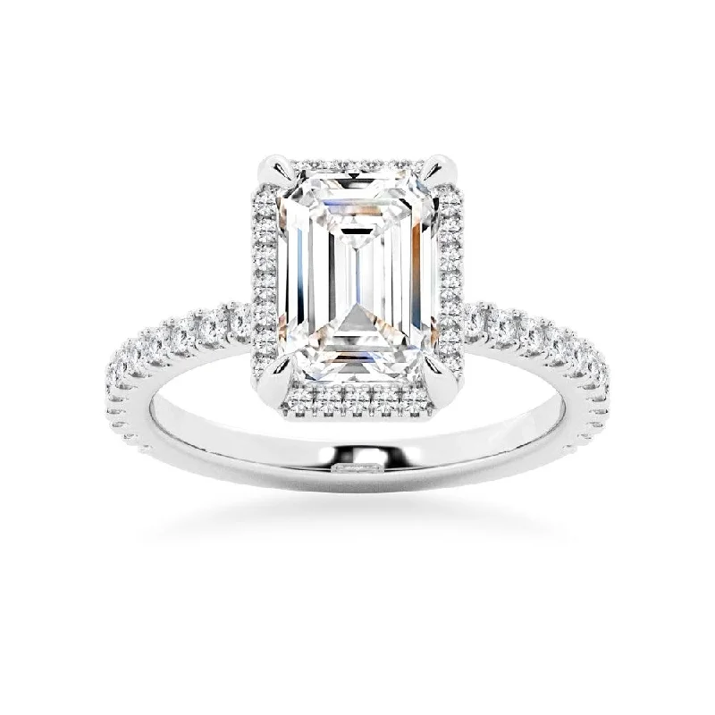 Half Eternity Emerald Cut Halo Engagement Ring