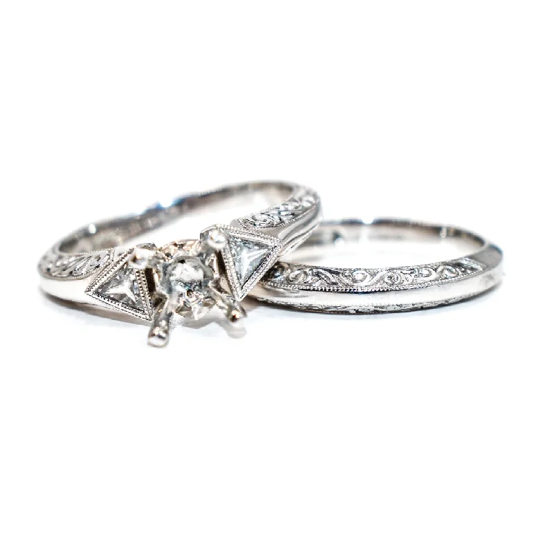 Hand Engraved Trillion Accented Wedding Set