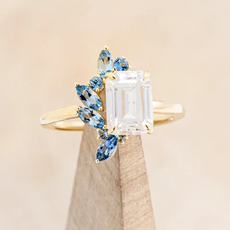 "ISABELLA" - EMERALD CUT MOISSANITE ENGAGEMENT RING WITH AQUAMARINE ACCENTS