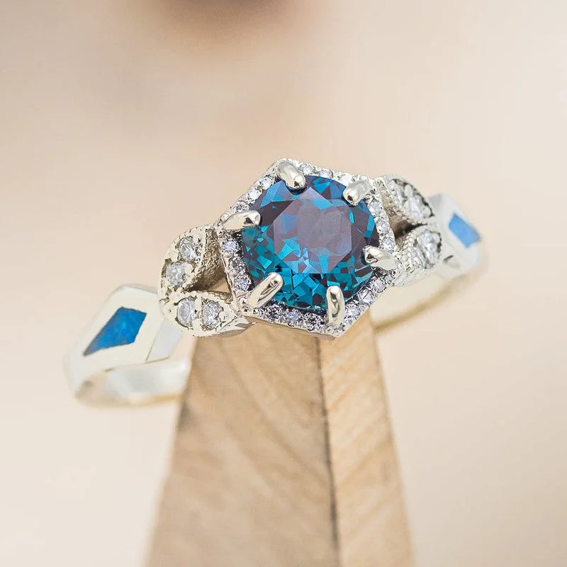 "LUCY IN THE SKY" PETITE - ROUND CUT LAB-GROWN ALEXANDRITE ENGAGEMENT RING WITH DIAMOND ACCENTS & BLUE OPAL INLAYS