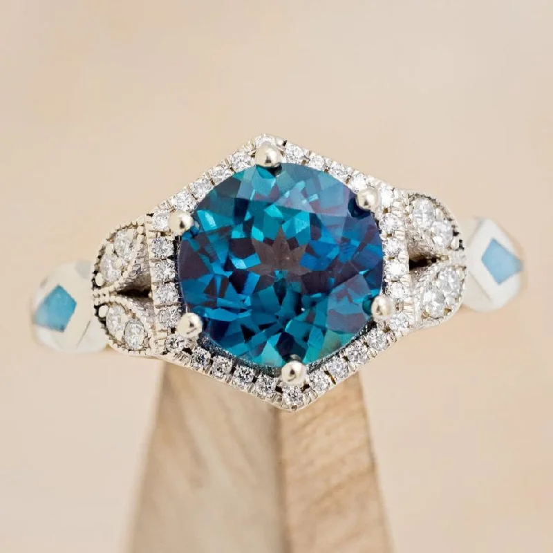 "LUCY IN THE SKY" - ROUND CUT LAB-GROWN ALEXANDRITE ENGAGEMENT RING WITH DIAMOND ACCENTS & TURQUOISE INLAYS