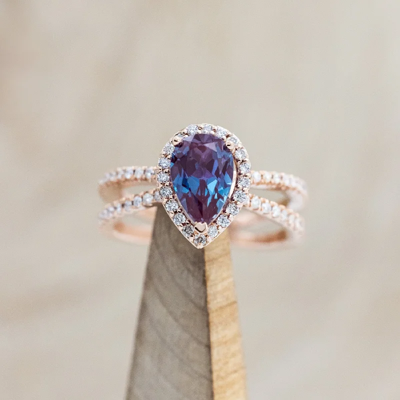 "NALA" - PEAR CUT LAB-GROWN ALEXANDRITE ENGAGEMENT RING WITH DIAMOND HALO & ACCENTS