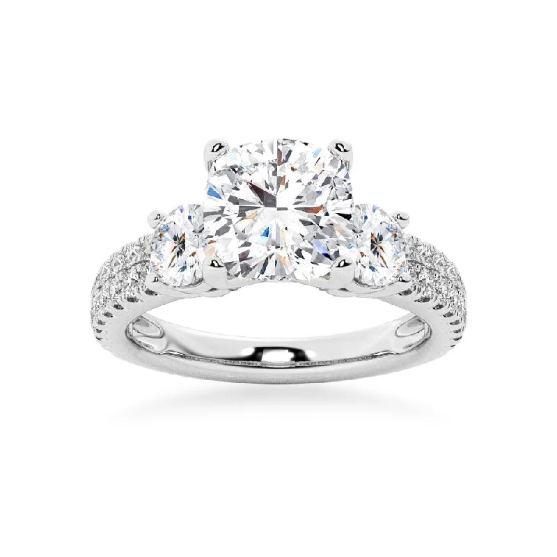 NEW Double Row Pave Three Stone Cushion Cut Engagement Ring