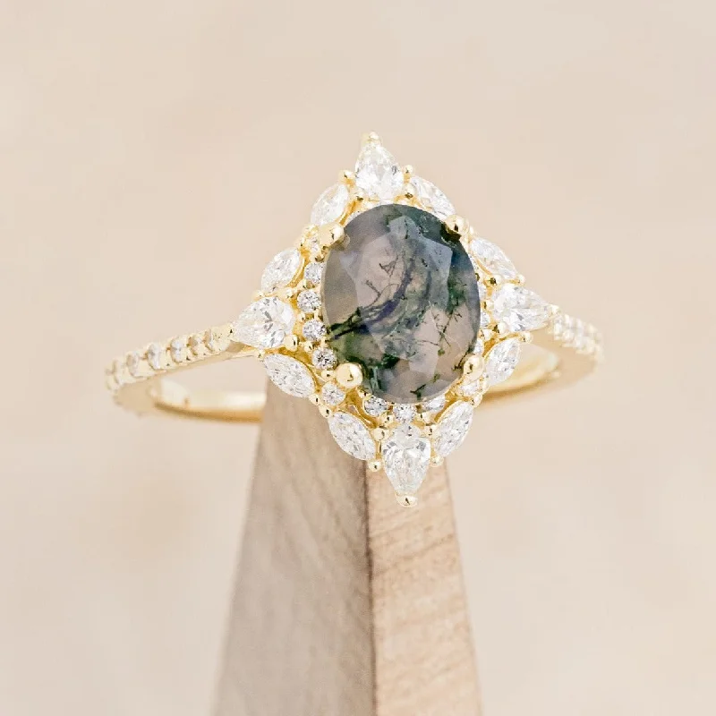 "NORTH STAR" - OVAL MOSS AGATE ENGAGEMENT RING WITH DIAMOND HALO & ACCENTS