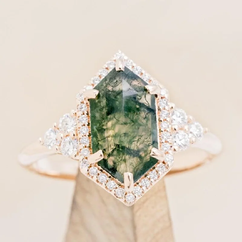 "OCTAVIA" - ELONGATED HEXAGON CUT MOSS AGATE ENGAGEMENT RING WITH DIAMOND HALO & ACCENTS