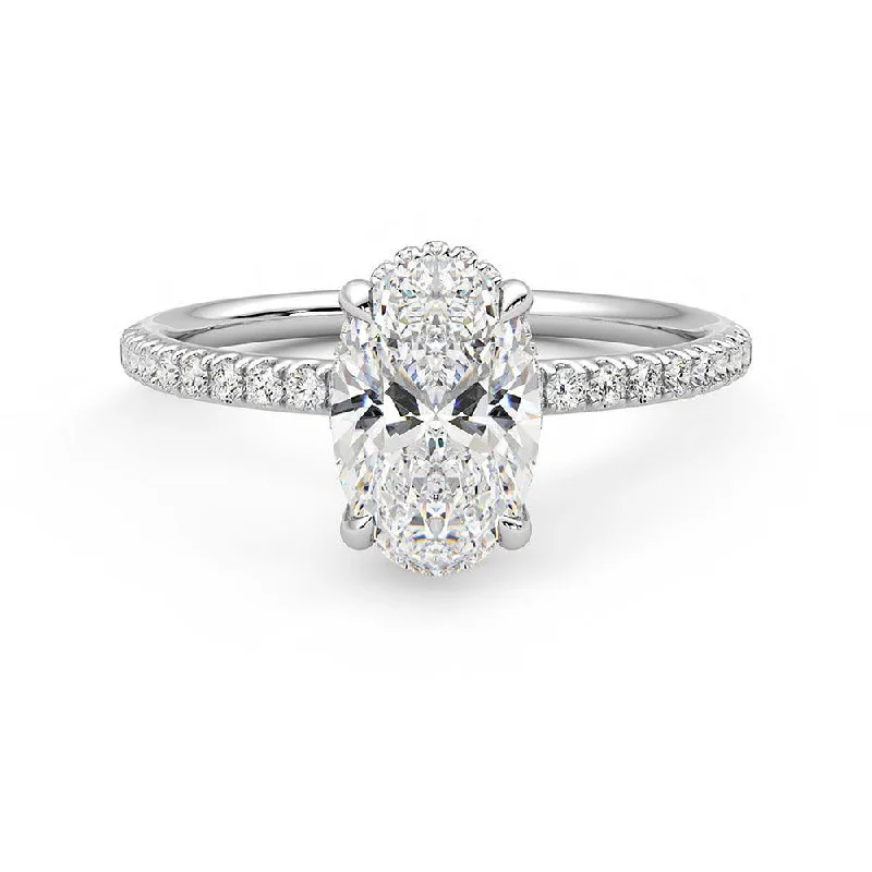 Oval Cut Moissanite Engagement Ring with Hidden Halo and Anniversary Stone Accent