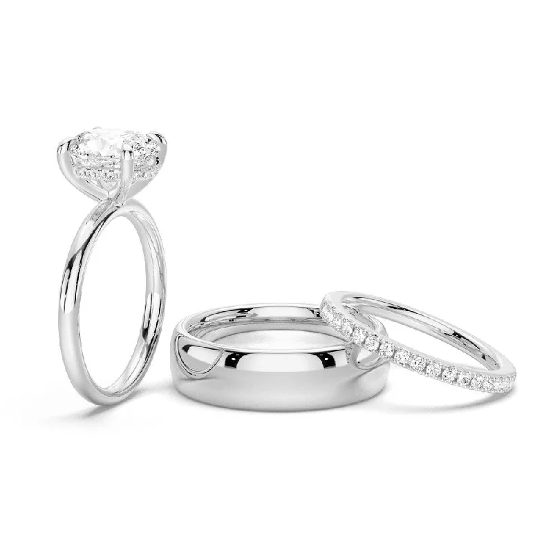 Oval Solitaire Moissanite Couple's Ring Set with Men's Wedding Band