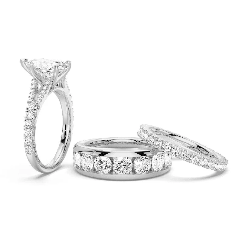 Pear Shaped Split-Shank Moissanite Couple's Ring Set with Men's Wedding Band