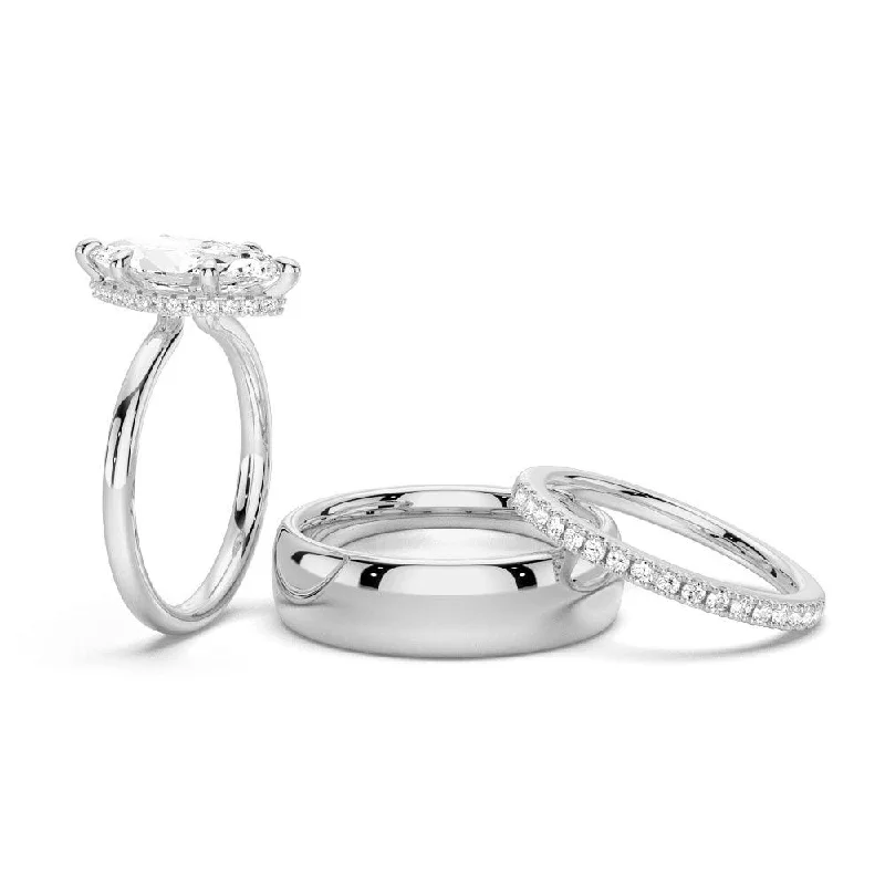 Petite Marquise Solitaire Moissanite Couple's Ring Set with Men's Wedding Band