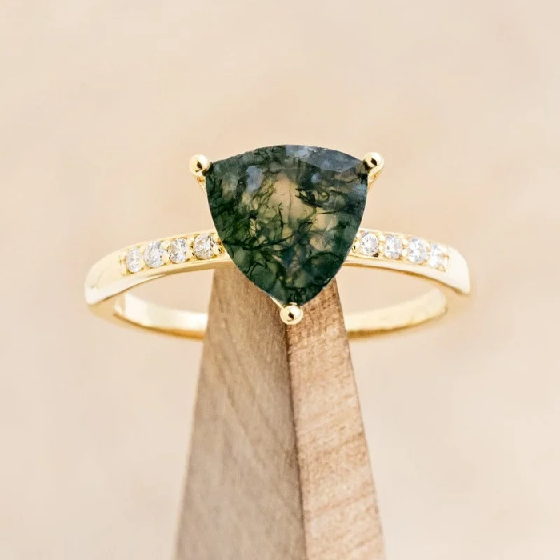 "PIPER" - TRILLION CUT MOSS AGATE ENGAGEMENT RING WITH DIAMOND ACCENTS