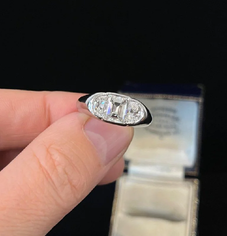 Platinum Emerald Cut and Half Moon Cut  Diamond Ring