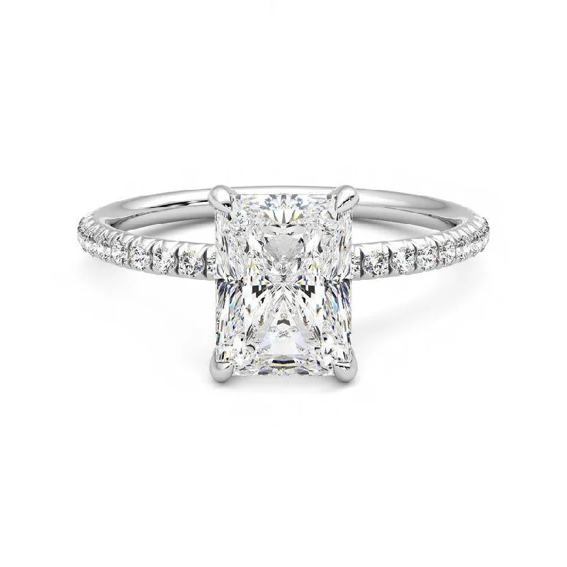 Four-Prong Radiant Cut Moissanite Engagement Ring with Hidden Anniversary Stone Accent