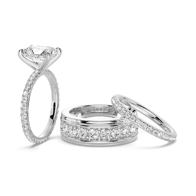 Radiant Cut Moissanite Couple's Ring Set with Men's Wedding Band