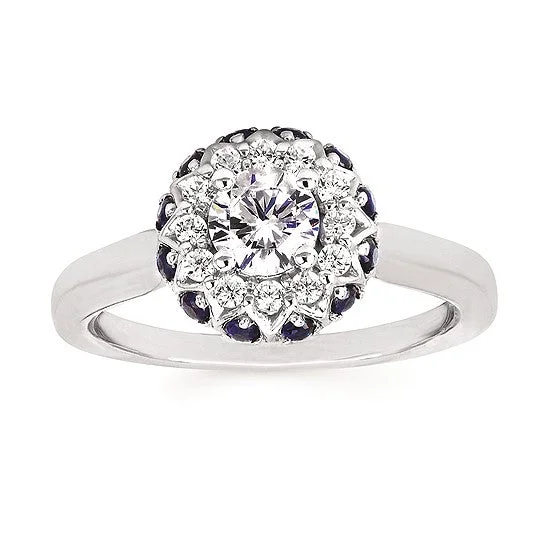 Round Diamond And Sapphire Halo Engagement Ring