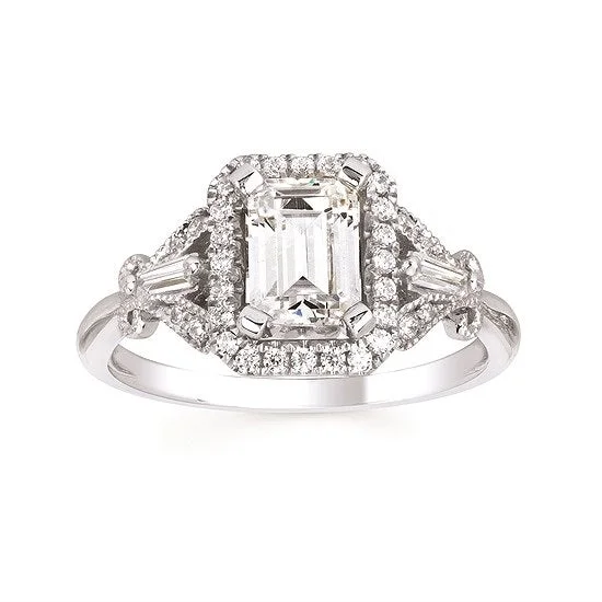 Round & Baguette Diamond Rectangle Halo Engagement Rings