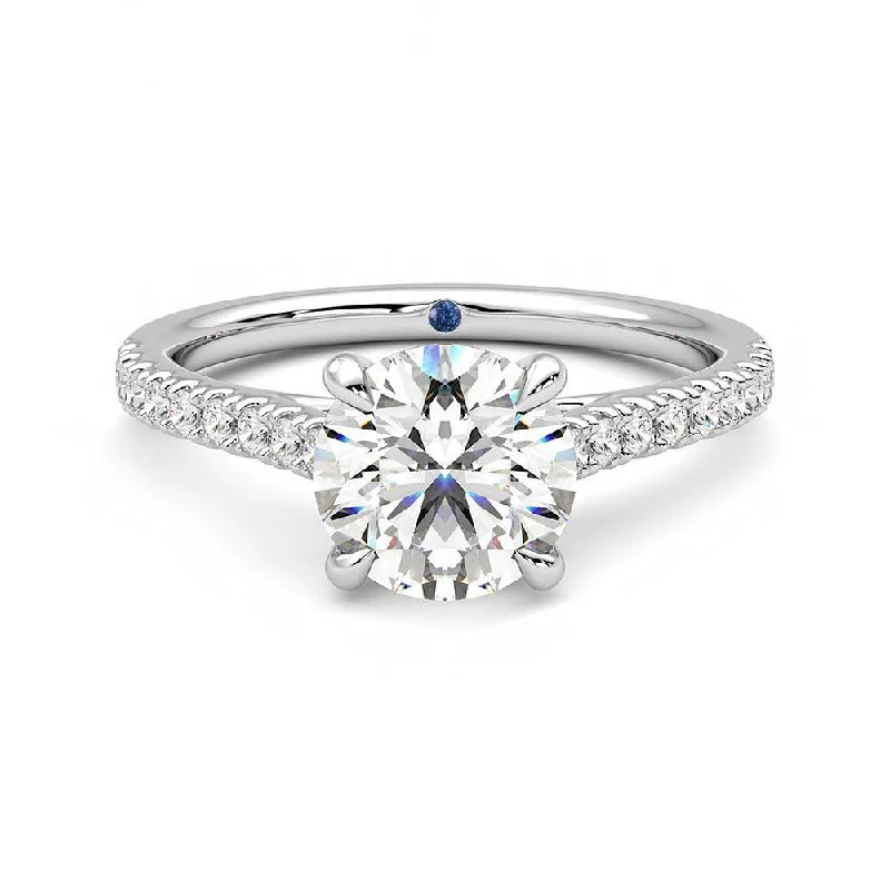 Round Moissanite Engagement Ring with Hidden Anniversary Stone and Pavé Accents