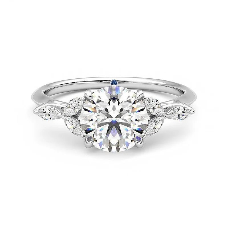 Round Moissanite Engagement Ring with Marquise Petals and Hidden Anniversary Stone Accent