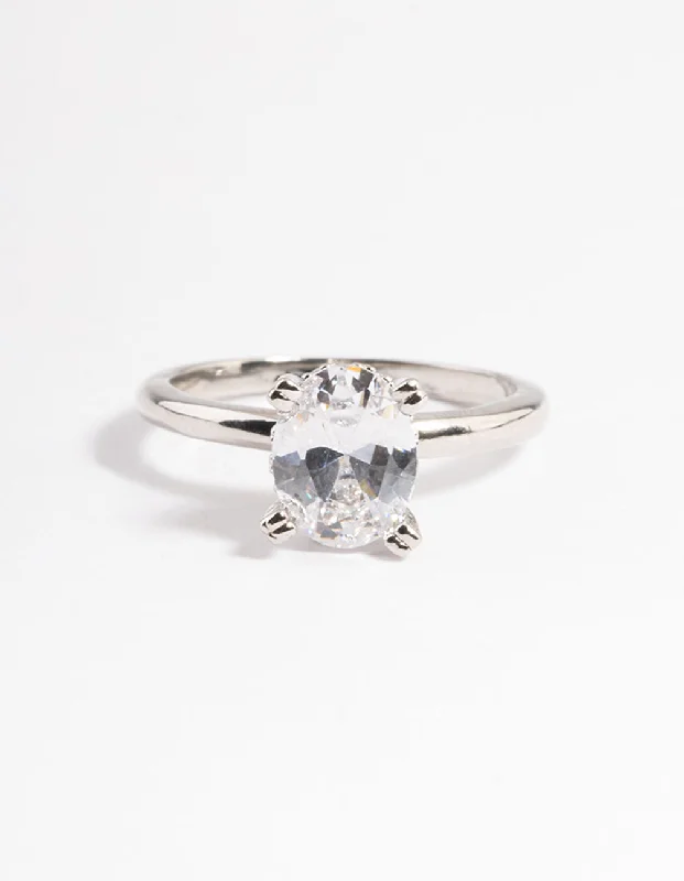 Rhodium Cubic Zirconia Single Oval Ring