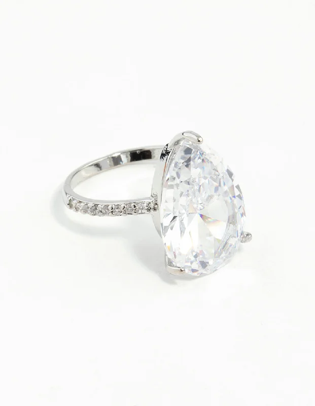 Rhodium Cubic Zirconia Large Pear Stone Ring