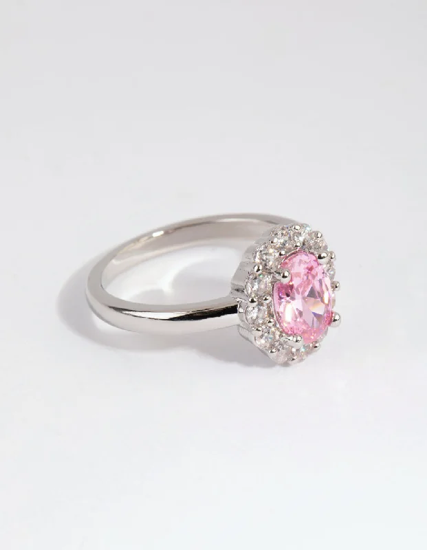 Rhodium Pink Cubic Zirconia Oval Ring