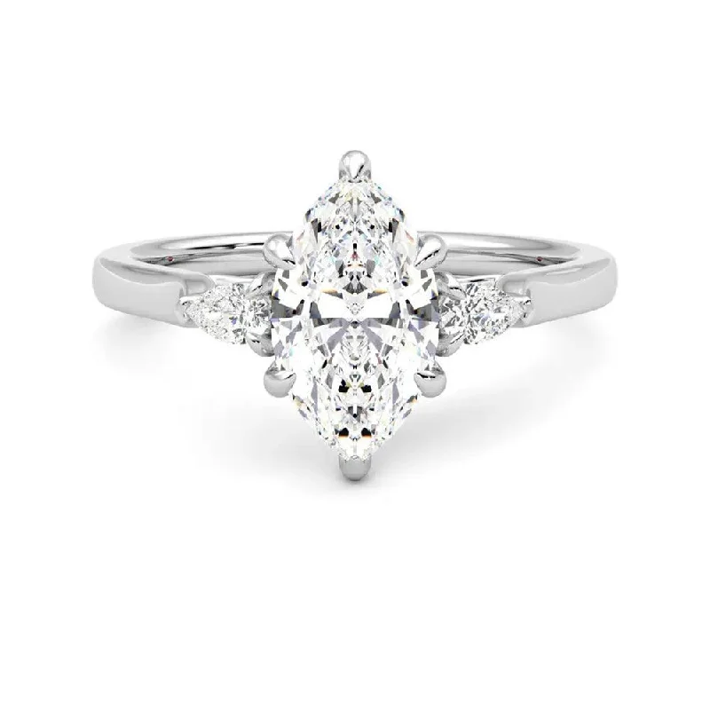 Three Stone Marquise Cut Moissanite Engagement Ring with Hidden Anniversary Stone Accent