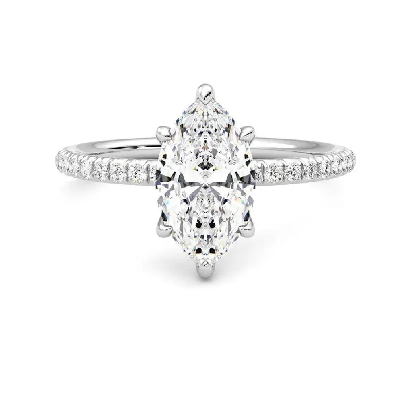 Six-Prong Marquise Cut Moissanite Engagement Ring with Hidden Anniversary Stone Accent