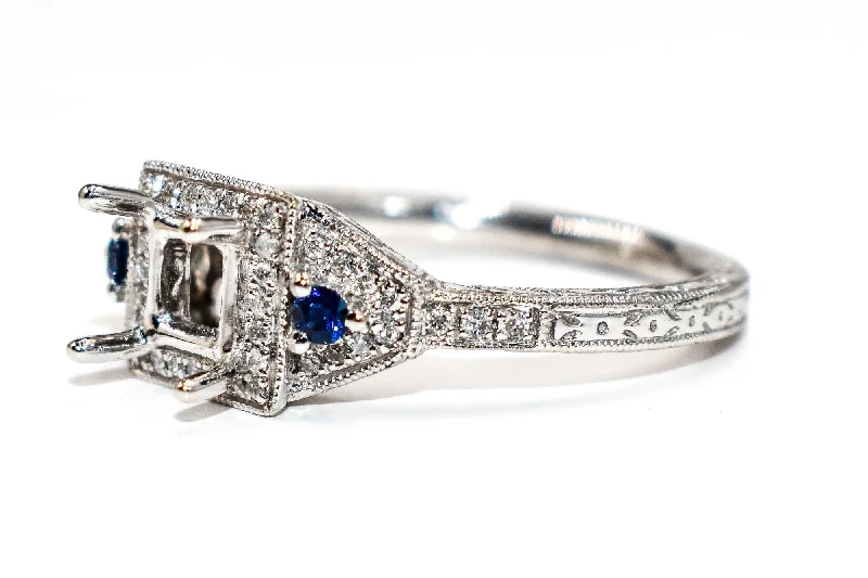 Square Halo Round Diamond & Sapphire Accented Engagement Ring