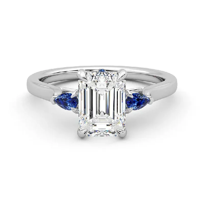 Three Stone Emerald Cut Moissanite Engagement Ring with Hidden Anniversary Stone Accent