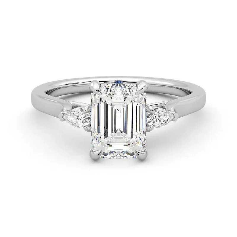 Three Stone Emerald Cut Moissanite and Sapphire Engagement Ring with Hidden Anniversary Stone Accent