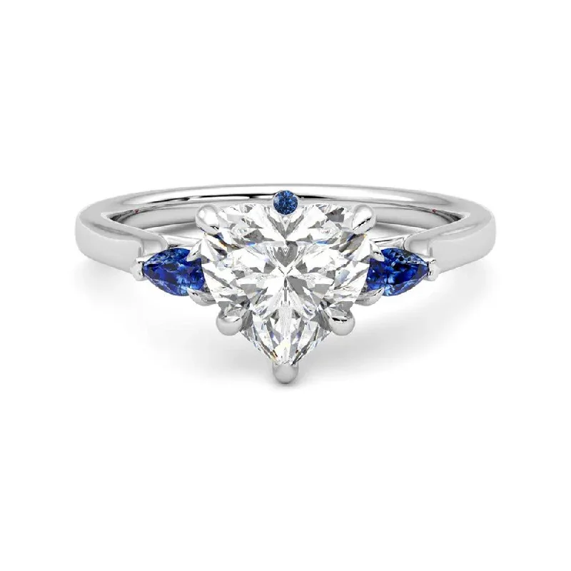 Three Stone Heart Shaped Moissanite Engagement Ring with Hidden Anniversary Stone Accent